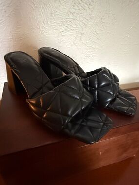 Zara Black Quilted Square-Toe Block Heel Mules